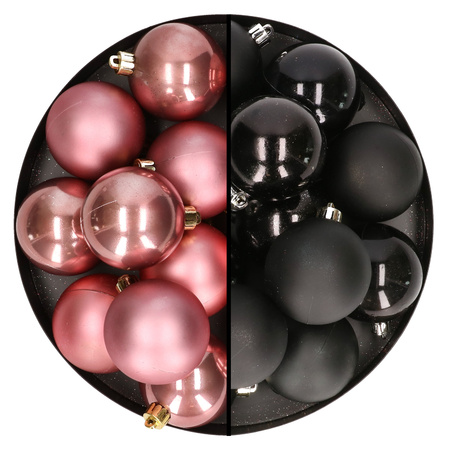 24x stuks kunststof kerstballen mix van zwart en oudroze 6 cm