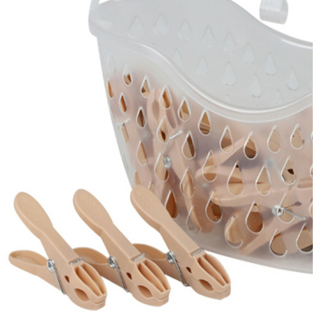 Basket of 24x clothes pegs - taupe - plastic - 21 x 13 cm