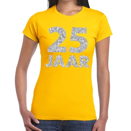 25 jaar zilver glitter verjaardag/jubilieum shirt geel dames