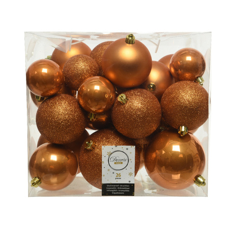 26x stuks kunststof kerstballen cognac bruin (amber) 6-8-10 cm glans/mat/glitter