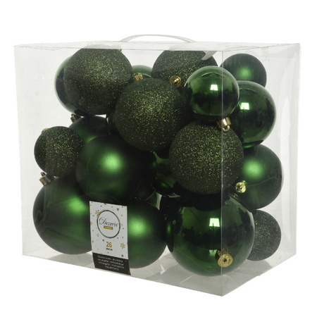 Kerstversiering set - donkergroen - 26x kerstballen 6-8-10 cm en kerstslinger - kunststof