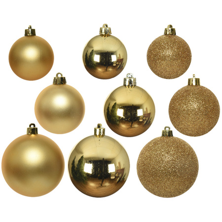 Kerstversiering kunststof kerstballen 6-8-10 cm met glitter folieslingers pakket goud van 28x stuks