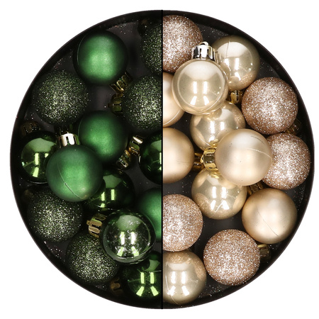28x stuks kleine kunststof kerstballen donkergroen en champagne 3 cm