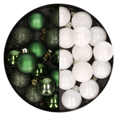28x stuks kleine kunststof kerstballen wit en dennengroen 3 cm