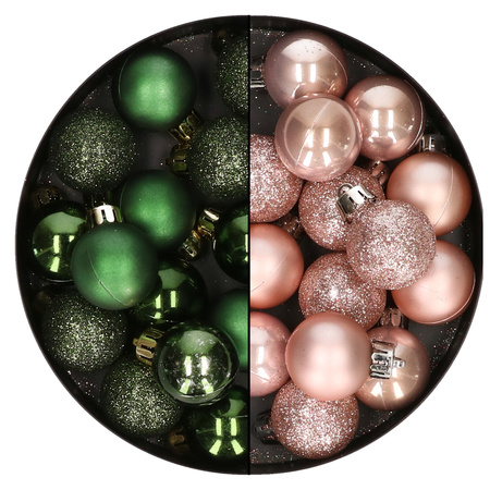 28x stuks kleine kunststof kerstballen zachtroze en dennengroen 3 cm