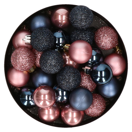 28x stuks kunststof kerstballen donkerblauw en oudroze mix 3 cm