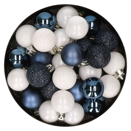 28x stuks kunststof kerstballen donkerblauw en wit mix 3 cm