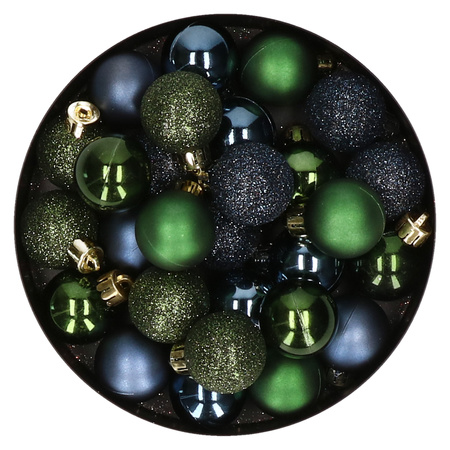 28x stuks kunststof kerstballen donkergroen en donkerblauw mix 3 cm