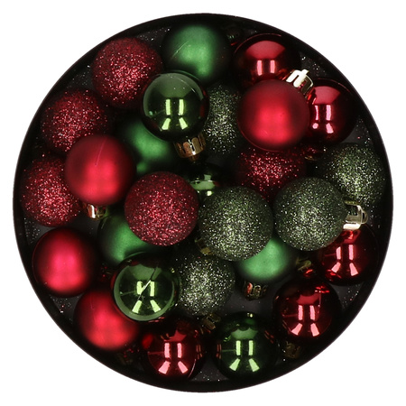 28x stuks kunststof kerstballen donkergroen en donkerrood mix 3 cm