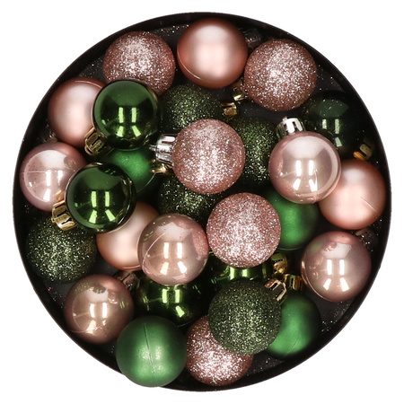28x stuks kunststof kerstballen donkergroen en lichtroze mix 3 cm