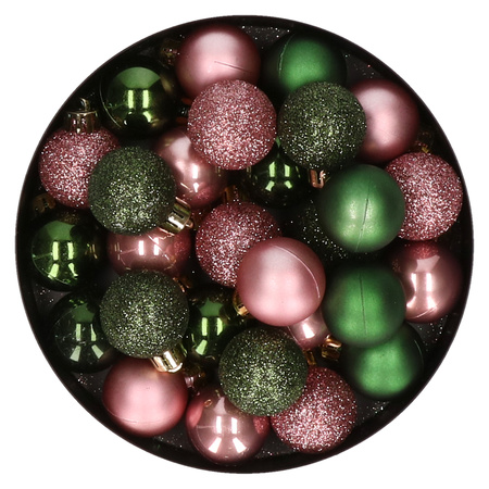 28x stuks kunststof kerstballen donkergroen en oudroze mix 3 cm