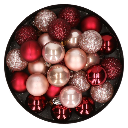 28x stuks kunststof kerstballen donkerrood en lichtroze mix 3 cm