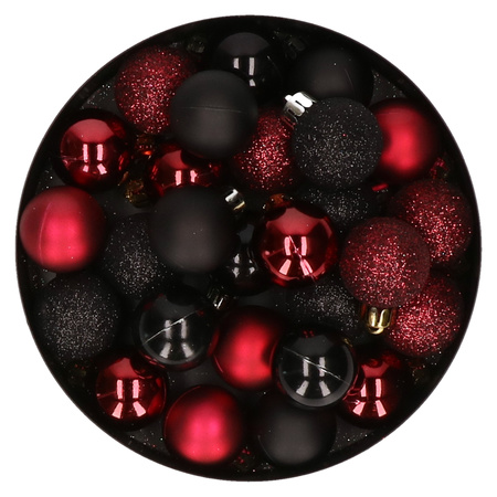 28x stuks kunststof kerstballen donkerrood en zwart mix 3 cm