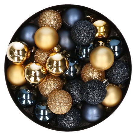 28x stuks kunststof kerstballen goud en donkerblauw mix 3 cm