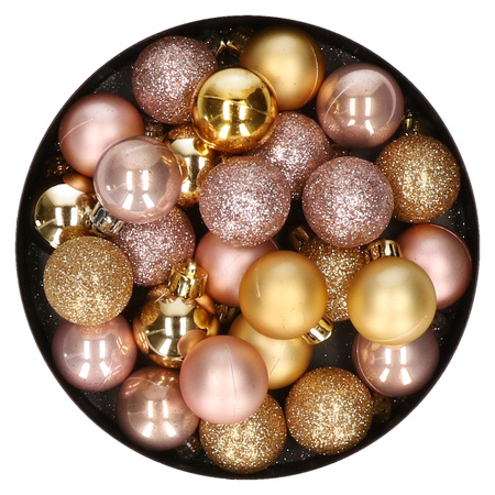 28x stuks kunststof kerstballen goud en lichtroze mix 3 cm