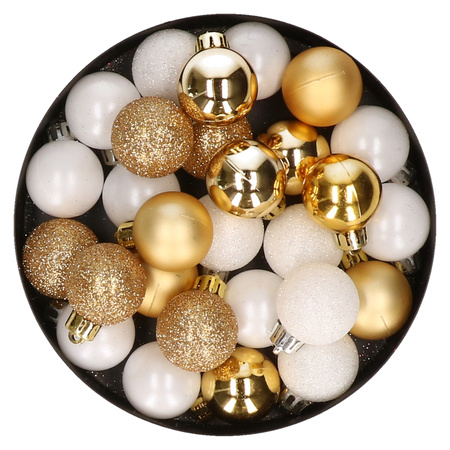 28x stuks kunststof kerstballen goud en wit mix 3 cm