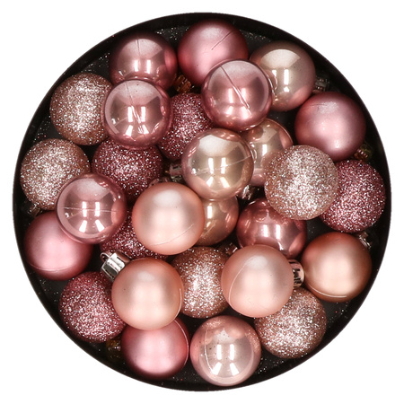 28x stuks kunststof kerstballen lichtroze en oudroze mix 3 cm