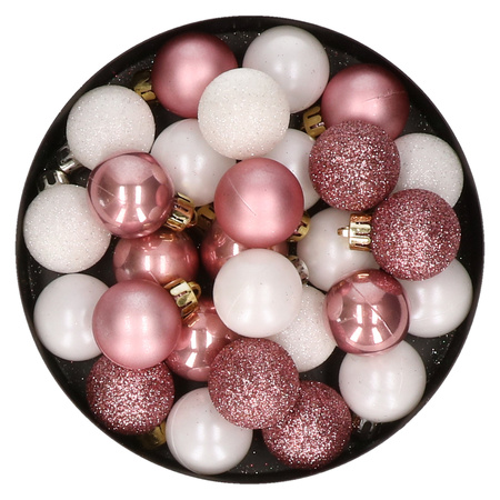 28x stuks kunststof kerstballen oudroze en wit mix 3 cm