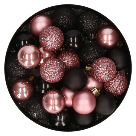 28x stuks kunststof kerstballen oudroze en zwart mix 3 cm