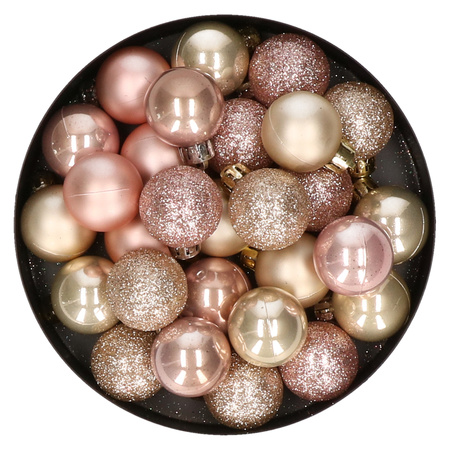 28x stuks kunststof kerstballen parel/champagne en lichtroze mix 3 cm