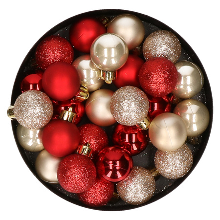 28x stuks kunststof kerstballen parel/champagne en rood mix 3 cm