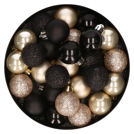 28x stuks kunststof kerstballen parel/champagne en zwart mix 3 cm