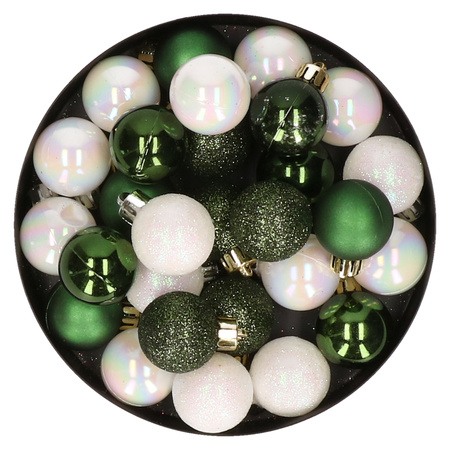 28x stuks kunststof kerstballen parelmoer wit en donkergroen mix 3 cm