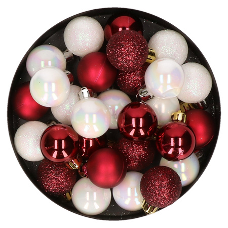 28x stuks kunststof kerstballen parelmoer wit en donkerrood mix 3 cm