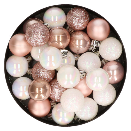 28x stuks kunststof kerstballen parelmoer wit en lichtroze mix 3 cm