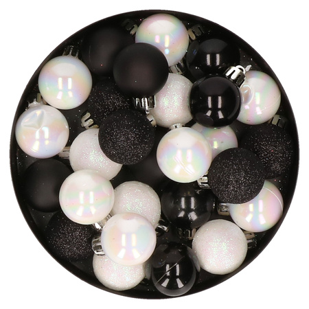 28x stuks kunststof kerstballen parelmoer wit en zwart mix 3 cm