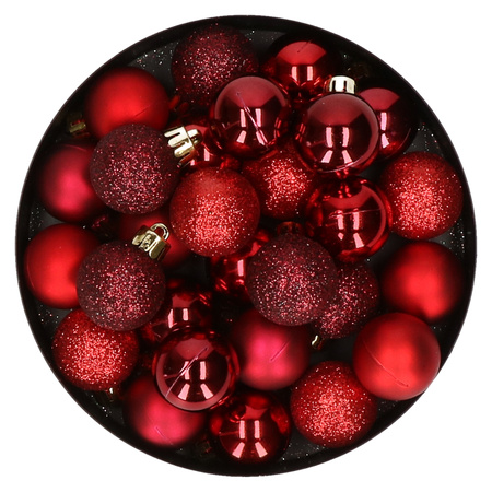 28x stuks kunststof kerstballen rood en donkerrood mix 3 cm