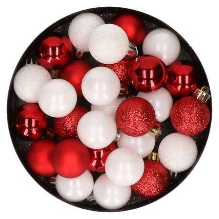 28x pcs plastic christmas baubles red and white mix 3 cm