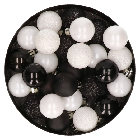 28x stuks kunststof kerstballen zwart en wit mix 3 cm