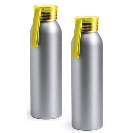 2x Aluminium drinkfles/waterfles met gele dop 650 ml