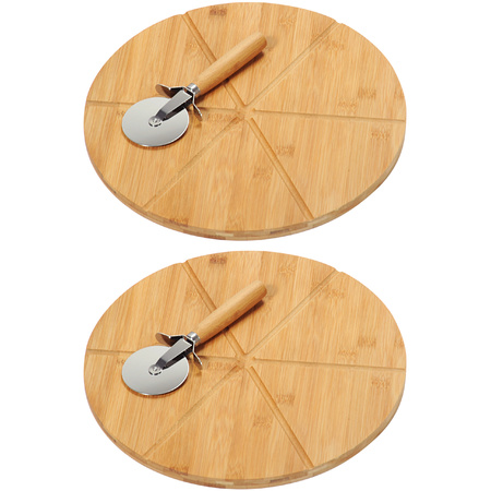 2x Bamboe houten pizza serveerplanken met pizzasnijders 32 cm