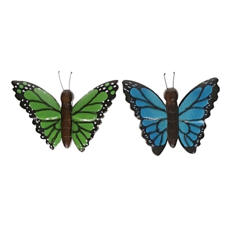 2x Houten dieren magneten groene en blauwe vlinder
