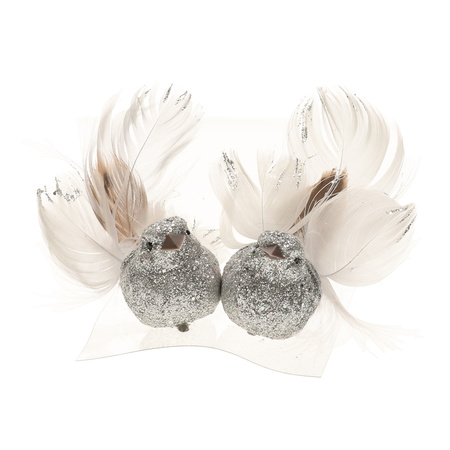 2x Kerstboomversiering glitter zilver vogeltje op clip 10 cm