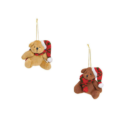 2x Kersthangers knuffelbeertjes beige en bruin met gekleurde sjaal en muts 7 cm