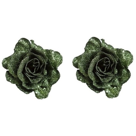 2x Green roses with glitter on clip 10 cm