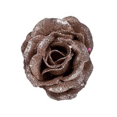 2x Oud roze roos met glitters bloemen op clip 7 cm - kerstversiering