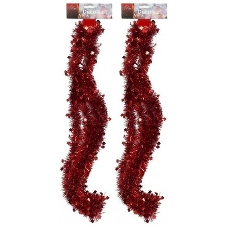  2x Red tinsel Christmas garlands with stars 270 cm
