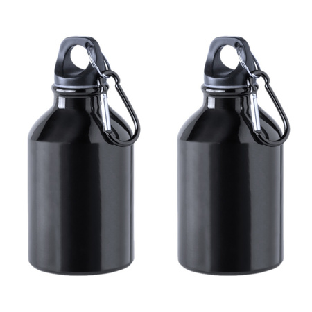 2x Stuks aluminium waterfles/drinkfles zwart met schroefdop en karabijnhaak 330 ml