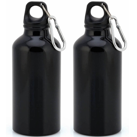 2x Stuks aluminium waterfles/drinkfles zwart met schroefdop en karabijnhaak 400 ml