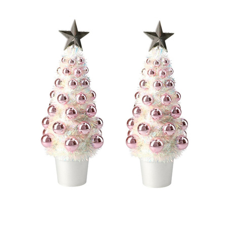 2x stuks complete mini kunst kerstboompje/kunstboompje roze met kerstballen 29 cm
