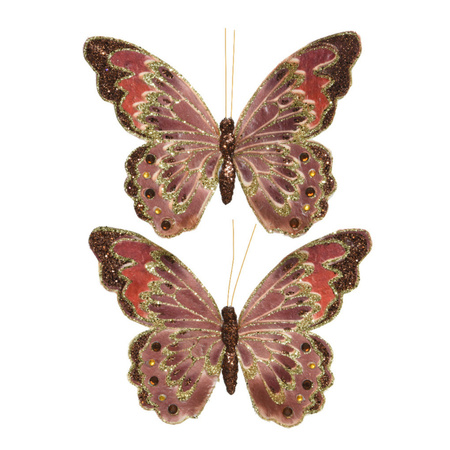 2x stuks decoratie vlinders op clip glitter bruin 18 cm