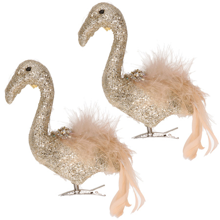 2x stuks decoratie vogels op clip flamingo goud 13 cm
