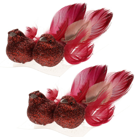2x decoration birds on clips glitter red 11 cm
