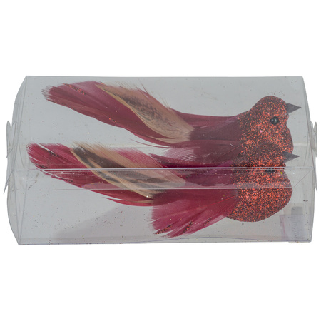 2x stuks decoratie vogels op clip glitter rood 11 cm