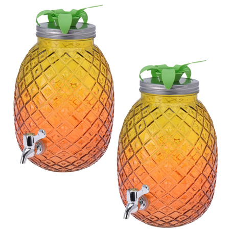 2x Stuks glazen drank dispenser ananas geel/oranje 4,7 liter