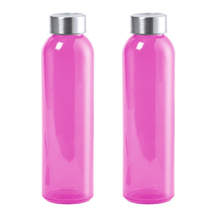 2x Stuks glazen waterfles/drinkfles fuchsia roze transparant met Rvs dop 550 ml